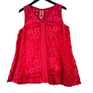 Johnny Was Womens Louie Tank Red Eyelet Sleeveless Shirt Top Embroidered Sz M